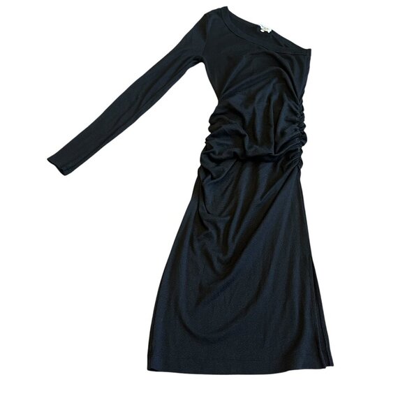 Michael Stars Black One Shoulder Dress Long Sleeve Ruched Stretch Size Large - Picture 1 of 13